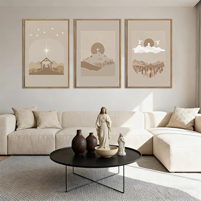IARTTOP Jesus Christian God Framed Wall Art Large 16x24 Inch Nativity Religious Canvas Wall Decor Grey Brown Catholic Artwork for Church Living room Dining room Set of 3