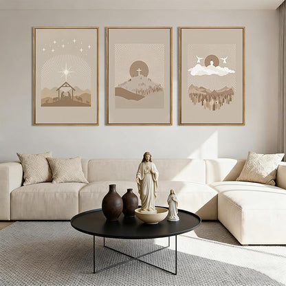 IARTTOP Jesus Christian God Framed Wall Art Large 16x24 Inch Nativity Religious Canvas Wall Decor Grey Brown Catholic Artwork for Church Living room Dining room Set of 3