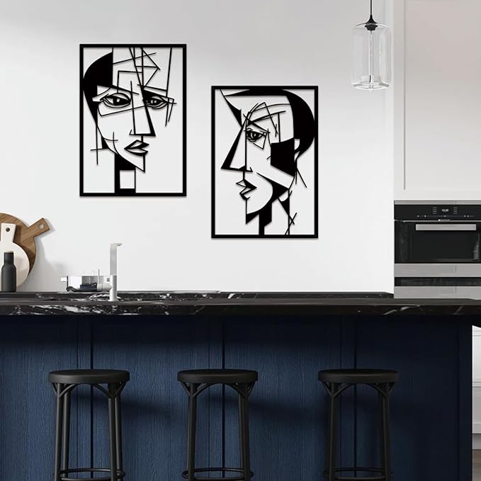 ESTART 2 Pieces Abstract Lover Faces Metal Wall Decor, Modern Minimalist Single Line Geometric Hanging Wall Art, Black Metal Wall Sculptures for Home Living Room Bedroom Bathroom Kitchen 24x15.7 IN