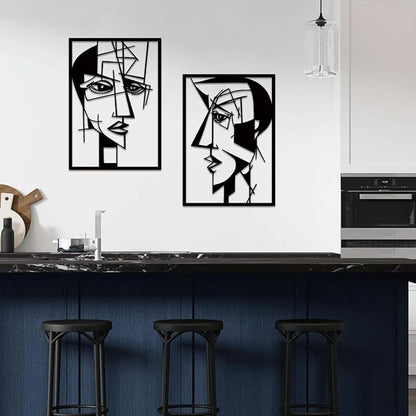 ESTART 2 Pieces Abstract Lover Faces Metal Wall Decor, Modern Minimalist Single Line Geometric Hanging Wall Art, Black Metal Wall Sculptures for Home Living Room Bedroom Bathroom Kitchen 24x15.7 IN