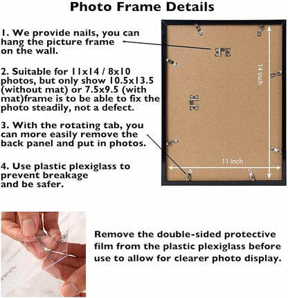 JCJMY 6 Packs 11x14 Picture Frames, Display 8x10 with Mat or 11x14 Without Mat, Black Gallery Wall Frame Set, 11 by 14 Frames Bulk Set of 6 Collage Wall Decor Photo Frames Set for Wall, Black