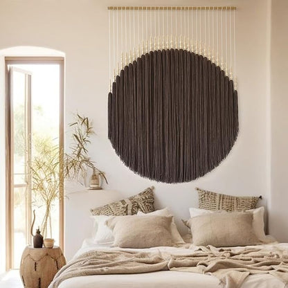 IOWER Macrame Wall Hanging Brown Yarn Beaded Backdrop Boho Wall Decor Round Tassel Home Wall Aesthetic Living Rooms Bedrooms Offices Geometric Art Chic Home Decor 39" W x 55" L