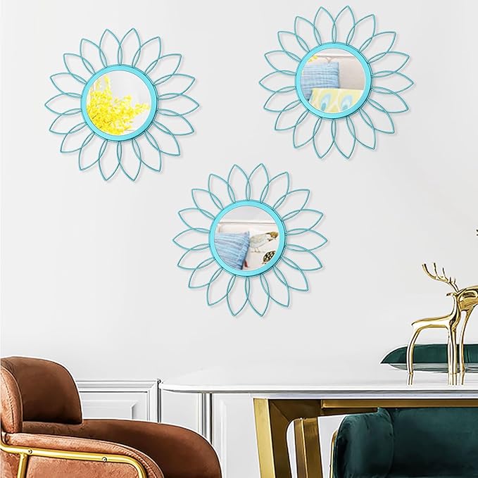 3 Pack Metal Mirrors for Wall Sunburst Wall Mirrors Home Décor Decorative Hanging Wall Art for Living Room Bedroom Entryway (Greenish Blue, Flowers)