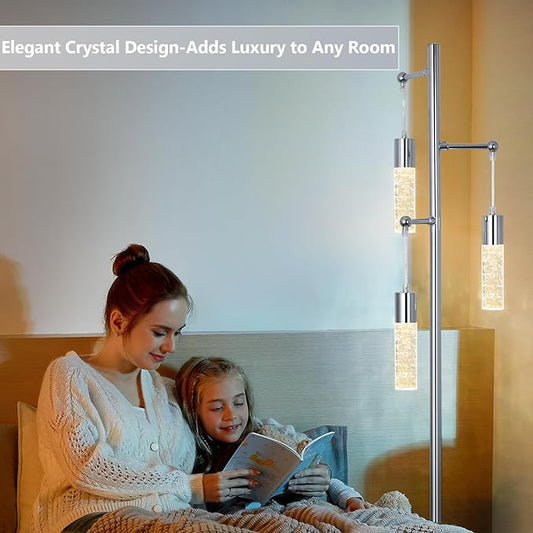 Bubble Crystal Floor Lamps for Living Room, Industrial Modern Standing Lamp with 3 Built-in LED Lights, ON/Off Foot Switch, 65IN Tall Tree Floor Lamp for Bedroom Corner Home Office, Silver