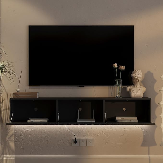 KEIKI 65" Floating TV Stand Wall Mounted with 16 Color LEDs & Power Outlets for TVs Up to 70 Inch, Wooden Media Console Entertainment Center Television Table Cabinet for Living Room, Bedroom
