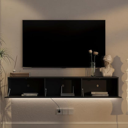 KEIKI 65" Floating TV Stand Wall Mounted with 16 Color LEDs & Power Outlets for TVs Up to 70 Inch, Wooden Media Console Entertainment Center Television Table Cabinet for Living Room, Bedroom