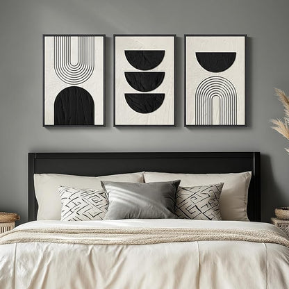 Framed Boho Black and White Abstract Wall Art, 3 Piece Modern Beige Canvas Prints Paintings Artwork for Walls, Black Geometric Pictures for Living Room Bedroom Hallway Office Wall Decor 16x24 In