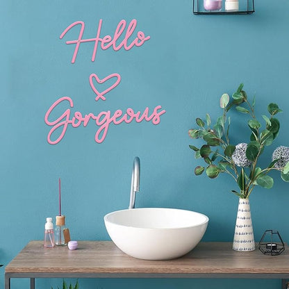 Hello Gorgeous Metal Wall Art Decor Pink Modern Hello Gorgeous Signs Farmhouse Metal Wall Art Hanging Decoration for Home Bathroom Living Room Bedroom Office Hotel Wall Decoration (Pink)