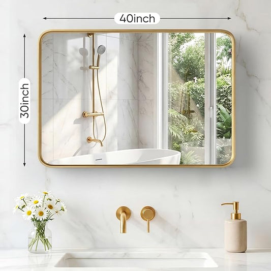 NEWBULIG 30X40 Inch Bathroom Mirror for Over Sink, Wall Vanity Mirrors Tempered Glass, Anti-Rust Metal Framed Rounded Rectangle, Hangs Horizontally or Vertically, Farmhouse Home Decor, Gold