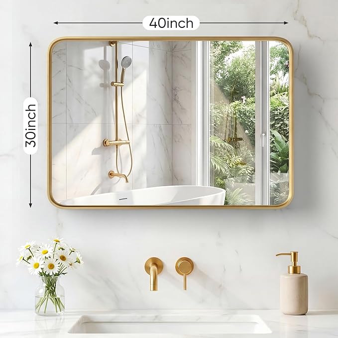 OLIXIS Bathroom Mirror for Over Sink, 30x40 Inch Wall Rounded Rectangle Mirror with Matte Metal Framed, Modern Wall Mount Vanity Mirror for Home Decor, Living Room, Bedroom, Gold