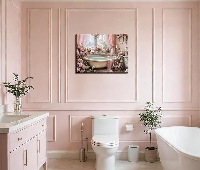 Frimeeme Pink Bathroom Wall Decor, Pink Roses Bathtub Print, Luxury Floral Bathroom Decor, 12x16 Inches