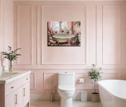 Frimeeme Pink Bathroom Wall Decor, Pink Roses Bathtub Print, Luxury Floral Bathroom Decor, 12x16 Inches