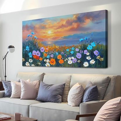 Ardemy Landscape Wall Art for Living Room Sunset Flower Large 40"x20", Canvas Art Wall Decor Textured Bedroom Floral Painting Artwork Home Office Dining Room