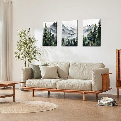 WANGTIAO 3 Panels Framed Canvas Wall Art for Living Room, Abstract Mountain Forest Views Ink Wall Decor for Dedroom Office Wall Paintings Green Landscape Art Prints Pictures Ready to Hang 16"x24"x3
