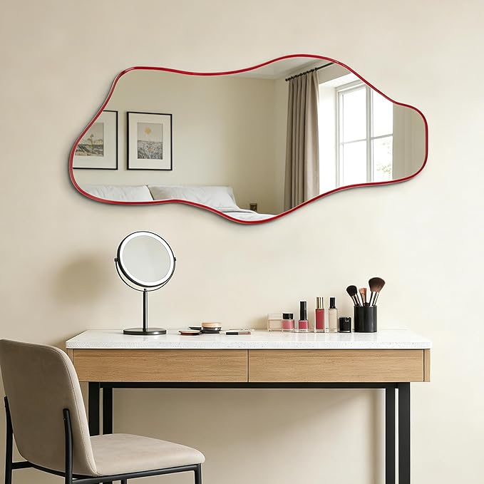 Irregular Tempered Glass Mirror, 47.2"x24" Asymmetrical Wall Mirror, Modern Abstract Frameless Mirrors for Living Room Bathroom Bedroom Hallway Entryway, Horizontal or Vertical Hanging