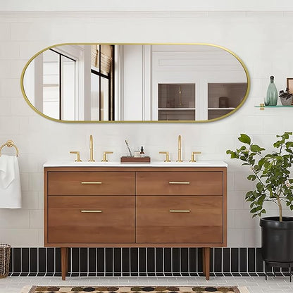 Large Oval Full Length Mirror, Pill Shaped Oblong Bathroom Wall-Mounted Mirrors, Metal Aluminum Alloy Frame Modern Simple Home Decor for Living Room Bedroomm 48"x16" Light Gold