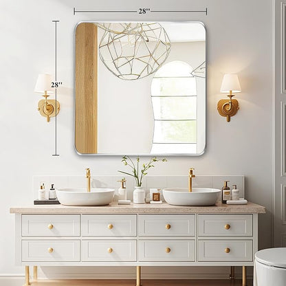 Fabuday Silver Sink Mirror for Bathroom - 28x28 Inch Square Framed Mirrors for Over Sink, Chrome Mirrors with Brushed Frame for Bedroom, Restroom, Farmhouse, Entryway Decor