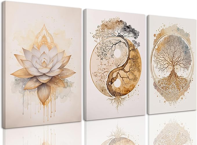 AOYUSMO 3 Piece 3 Piece Tree of Life Wall Art Zen Wall Decor Yoga Room Canvas Art Modern Gold Lotus Flower Pictures Spiritual Meditation Paintings Spa Artwork For Living Room Bathroom