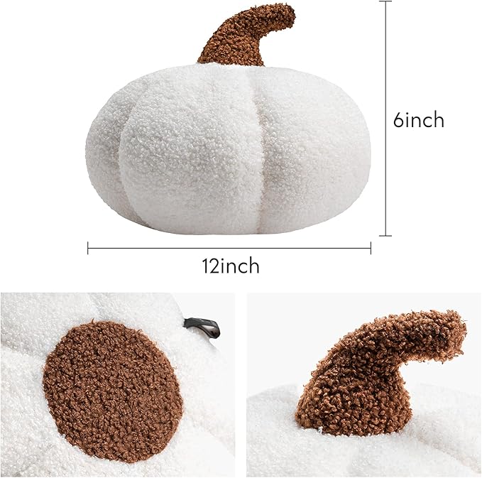 Phantoscope Teddy Fleece Pumpkin Throw Pillows, Halloween Ultra Soft Sherpa Decorative Cute 3D Shaped Cushion, White, 6 x 12 inches