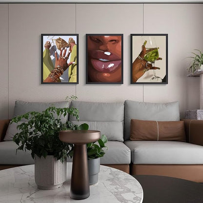 Hianan Black Girl Canvas Wall Art Set of 3, Wood Framed African American Woman Wall Decor, Fashion Black Women Poster Prints, Abstract Black Girl Aesthetic Pictures for Living Room Bedroom 12"x16"