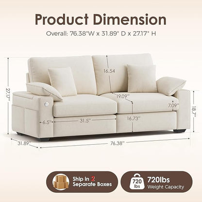 76" Modern Loveseat Couches for Living Room, Comfy Loveseat Sofa with Deep Seat Couch, USB/Type-C Port, Side Storage, Removable Cover, Small Couches for Living Room, Beige