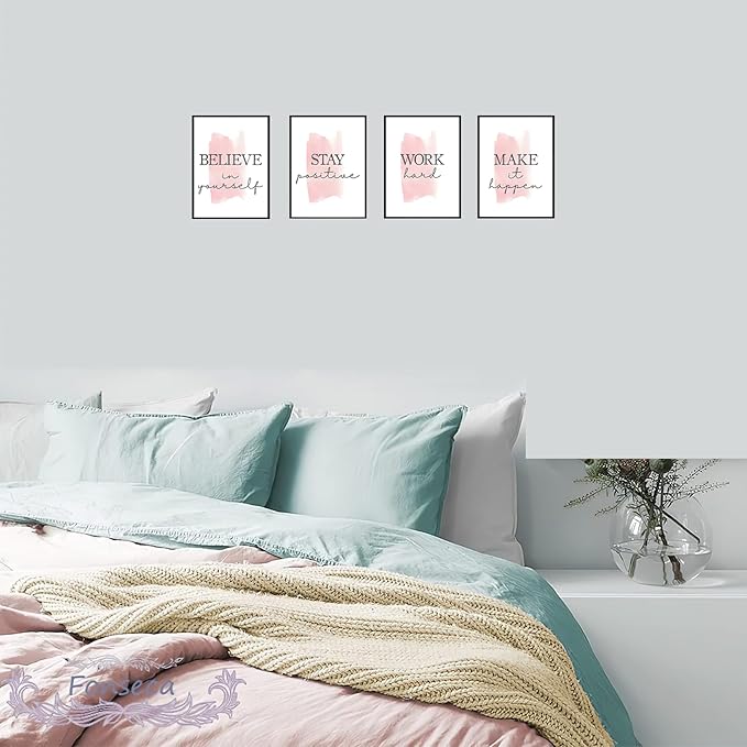 4 pcs Frame Wall Art Stay Positive Make It Happen Motivational Inspirational Quote Pink Canvas Painting Poster Pictures for Teenage Girl Bedroom Decor Office