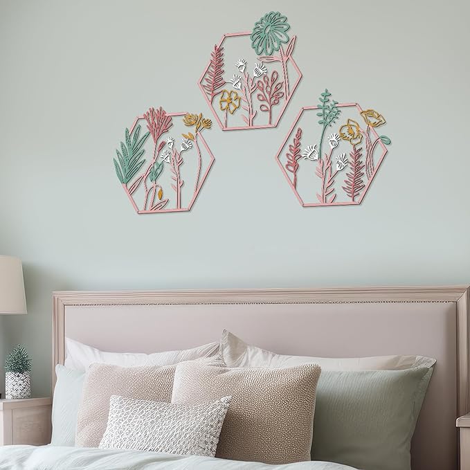Peryiter 3 Pcs Metal Flower Wall Decor Minimalist Floral Wall Hanging Decor Metal Flower Rustic Floral Art for Spring Living Room Bathroom Kitchen Indoor Outdoor(Pink)