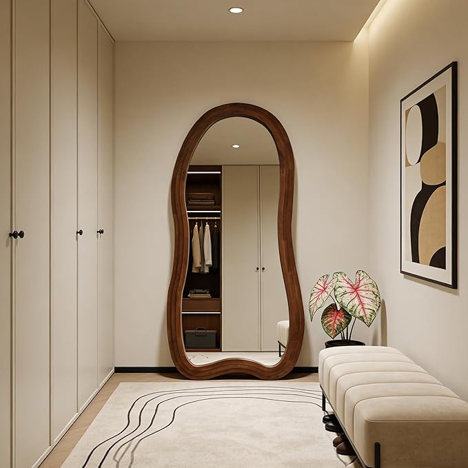 Large Irregular Floor Mirror, 67"x31.5" Organic Floor Mirrors with Triple Layer Solid Wood Frame, Premium Asymmetrical Full Body Mirror for Living Room Entryway Bedroom, Leaning/Hanging