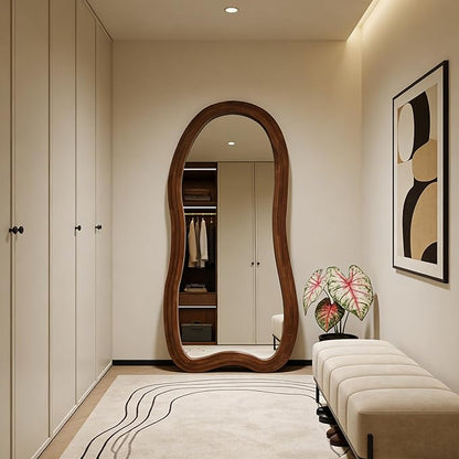 Large Irregular Floor Mirror, 67"x31.5" Organic Floor Mirrors with Triple Layer Solid Wood Frame, Premium Asymmetrical Full Body Mirror for Living Room Entryway Bedroom, Leaning/Hanging