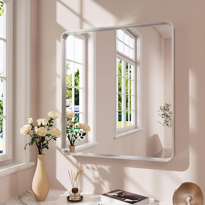 JISOSO Brushed Nickel Bathroom Mirror 38x38 Inch, Brushed Silver Metal Frame Mirror Wall Mounted, Rounded Bathroom Vanity Mirror, Tempered Glass, Anti-Rust, Horizontal/Vertical