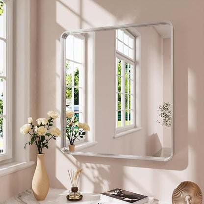 JISOSO Brushed Nickel Bathroom Mirror 38x38 Inch, Brushed Silver Metal Frame Mirror Wall Mounted, Rounded Bathroom Vanity Mirror, Tempered Glass, Anti-Rust, Horizontal/Vertical