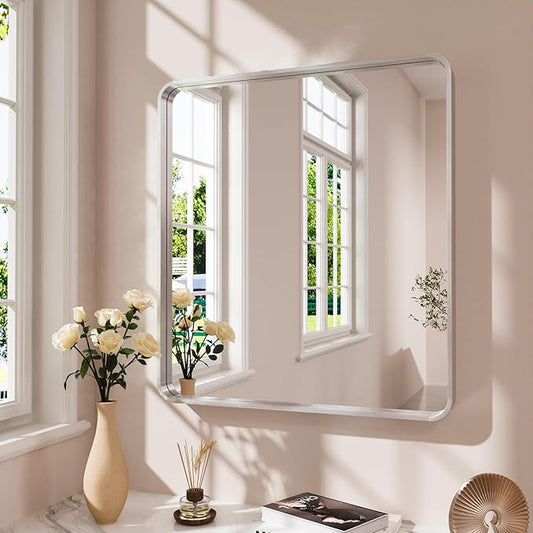JISOSO Brushed Nickel Bathroom Mirror 38x38 Inch, Brushed Silver Metal Frame Mirror Wall Mounted, Rounded Bathroom Vanity Mirror, Tempered Glass, Anti-Rust, Horizontal/Vertical