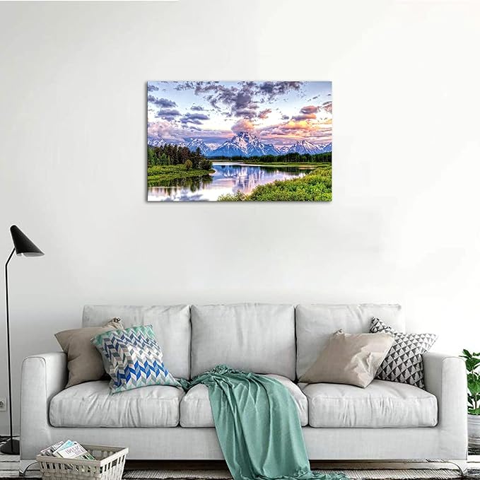 SKASNFAI Mountain Wall Decor Canvas Painting Grand Teton Wall Art Oxbow Bend National Park Landscape Poster Artwork Framed Pictures for Living Room Bedroom (16x24 inch)