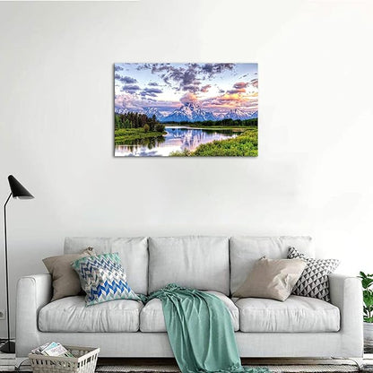 SKASNFAI Mountain Wall Decor Canvas Painting Grand Teton Wall Art Oxbow Bend National Park Landscape Poster Artwork Framed Pictures for Living Room Bedroom (16x24 inch)