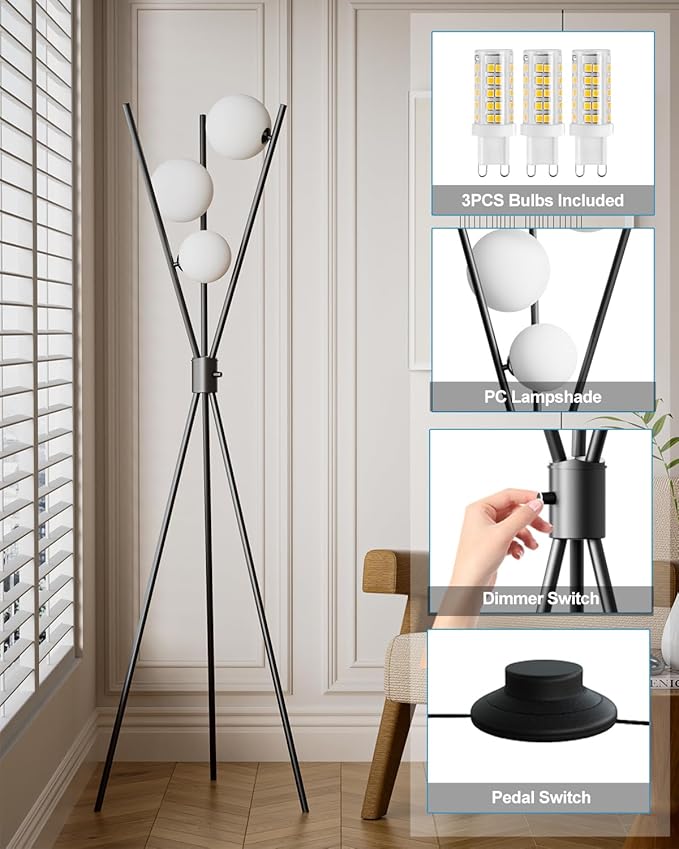 Lightdot 60IN Dimmable Black Tripod Floor Lamp Mid Century Standing Lamps with 3Pcs 3000K Bulbs Included Eye Care&Stable Base Modern Tall Lamp for Living Room/Sofa Beside/Corner Decor