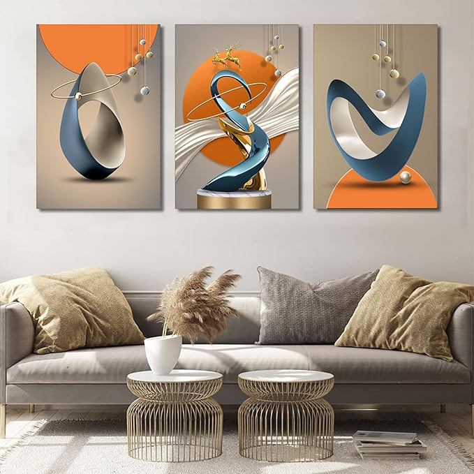 3 Pcs Modern Abstract Canvas Wall art Golden Deer Luxury Foil Lines Paintings Pictures Wall Decoration White Blue orange color Grey posters Prints for Living Room Bedroom Office Home Decoration