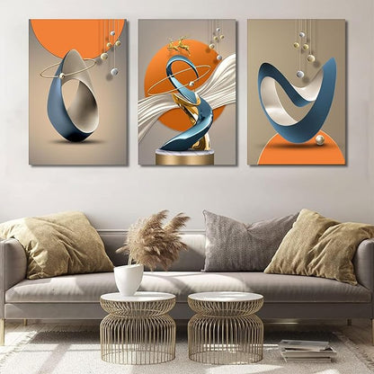 3 Pcs Modern Abstract Canvas Wall art Golden Deer Luxury Foil Lines Paintings Pictures Wall Decoration White Blue orange color Grey posters Prints for Living Room Bedroom Office Home Decoration