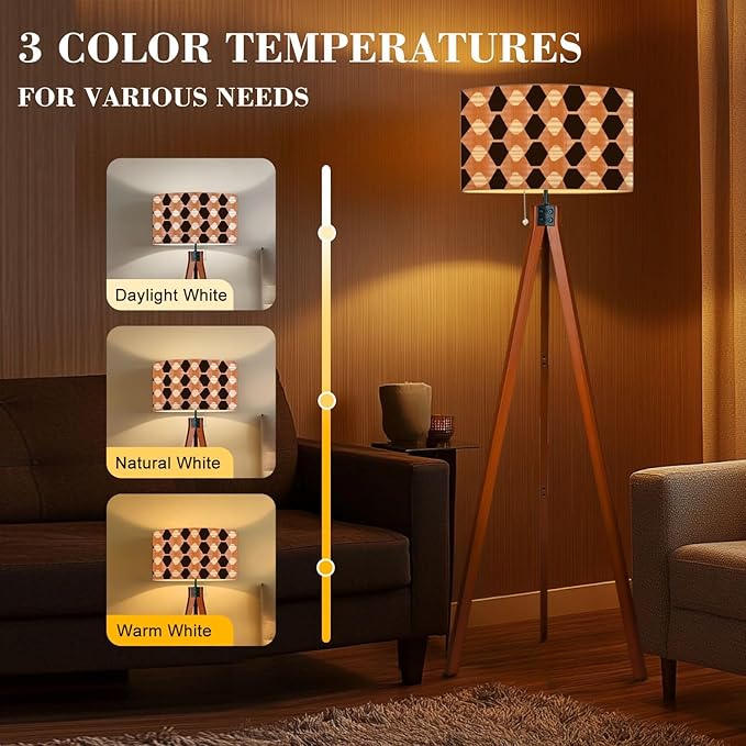 Wood Tripod Floor Lamp Retro seamless pastel brown white elongated diamonds mid century Mid Century Standing Lamp Linen Shade Dimmable Modern Tall lamp Home Decor for Living Room Bedroom Office