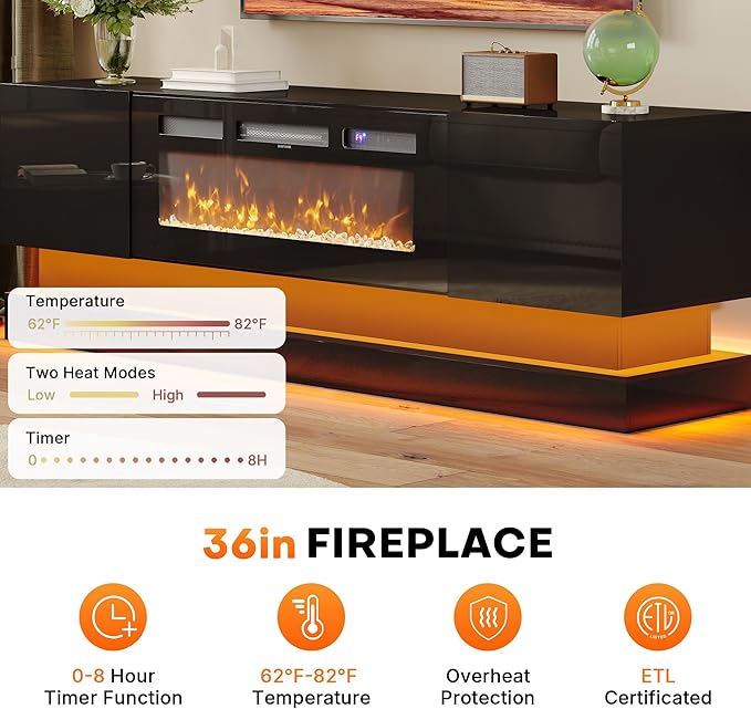 WelFurGeer 36" Electric Fireplace TV Stands with LED Lights, High-Gloss Modern Media Console Table for TV up to 75", Black Fireplace TV Stand with Storage, Entertainment Center for Living Room