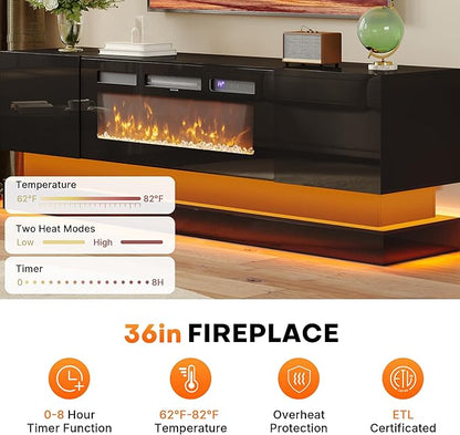 WelFurGeer 36" Electric Fireplace TV Stands with LED Lights, High-Gloss Modern Media Console Table for TV up to 75", Black Fireplace TV Stand with Storage, Entertainment Center for Living Room