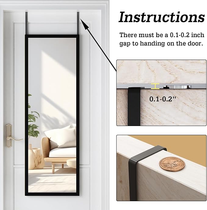 whitebeach Full Body Length Door Hanging Wall Mounted Mirror with 2 Metal Hangers for Bedroom Living Room Bathroom(Black, 48 * 16")