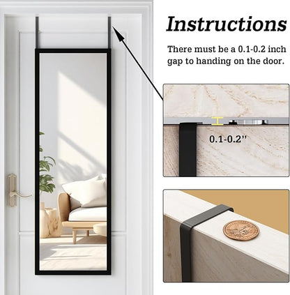 whitebeach Full Body Length Door Hanging Wall Mounted Mirror with 2 Metal Hangers for Bedroom Living Room Bathroom(Black, 48 * 16")