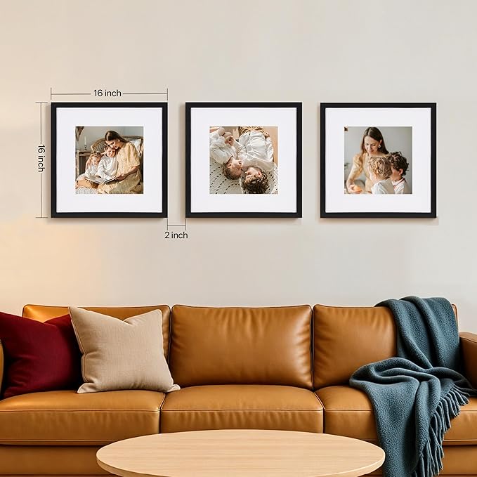 eletecpro Gallery Wall Frame Set of 3, 16x16 Inch Square Black Frames with 12x12 Mat, Scratch-Resistant Finish for Modern Home Decor