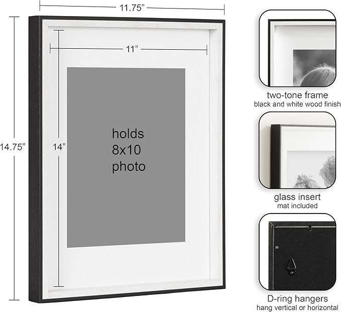 Kate and Laurel Gibson Modern Wall Picture Frame Set of 4; 11x14 matted to 8x10; Black and White; Four-Piece Frame Set for Use as Gallery Wall Frame Set in Living Room Wall Décor