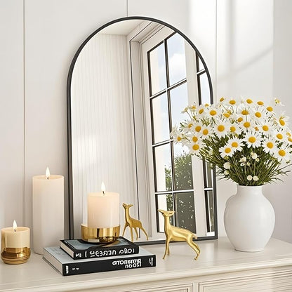 Dewfig Wall Mounted Mirror, 24"x36" Arched Wall Bathroom Mirror, Black Vanity Wall Mirror with Metal Frame, Modern & Contemporary Arch Top Wall Mirror for Bedroom, Entryway, Living Room, Black
