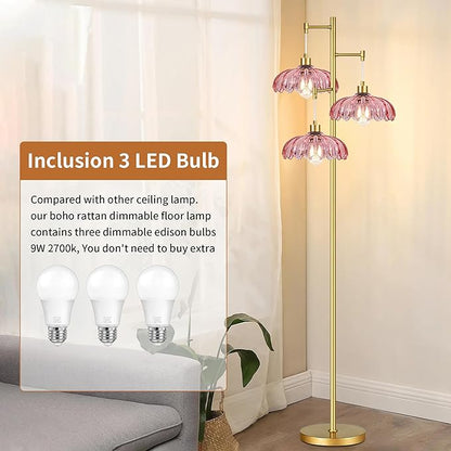 AHDWDW Gold Floor Lamp for Living Room,Modern Floor Lamps with Unique Pink Glass Shades,3 Lights Mid Century Tall Standing Lamp,Vintage Tree Flower Floor Lamp for Bedroom Corner Office Reading