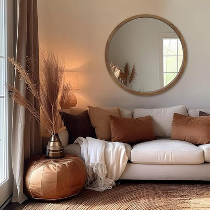 36" Bathroom Mirror, Round Wall Mirror with Wood Frame, Farmhouse Mirrors for Wall Decor, Wall-Mounted Mirrors for Bedroom, Living Room, Brown