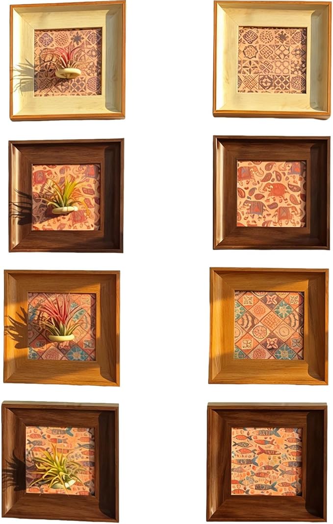 Set of 4 Boho Painting & Air Plant Living Holder Wall Art Prints 2-in-1, DIY 3D Magnetic Textured Airplant Stand Frames, Bohemia Hanging Photoes, Home Pictures Decor for Living Room Bedroom Entryway