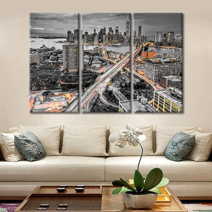 TUMOVO Brooke Bridge, Manhattan, New York Skyline Black and White Wall Art 3 Pieces Nighttime Lightscape Bedroom Living Room City Skyline Wall Decor for Living Room Framed Ready to Hang (60" Wx40 H)