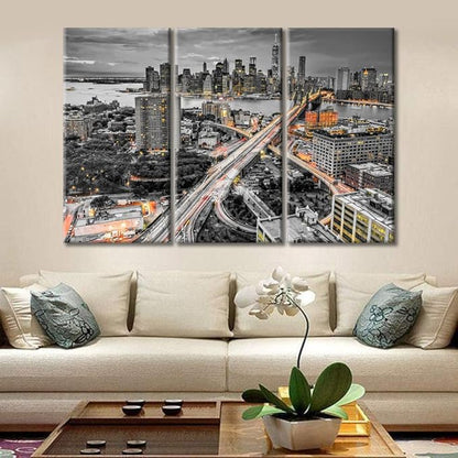 TUMOVO Brooke Bridge, Manhattan, New York Skyline Black and White Wall Art 3 Pieces Nighttime Lightscape Bedroom Living Room City Skyline Wall Decor for Living Room Framed Ready to Hang (60" Wx40 H)